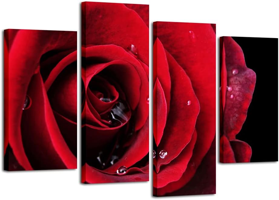 Wieco Art Red Rose on Black Large Modern Stretched and Framed Flowers Giclee Canvas Prints 4 Panels Floral Pictures Paintings on Canvas Wall Art Work for Living Room Bedroom Home Decorations