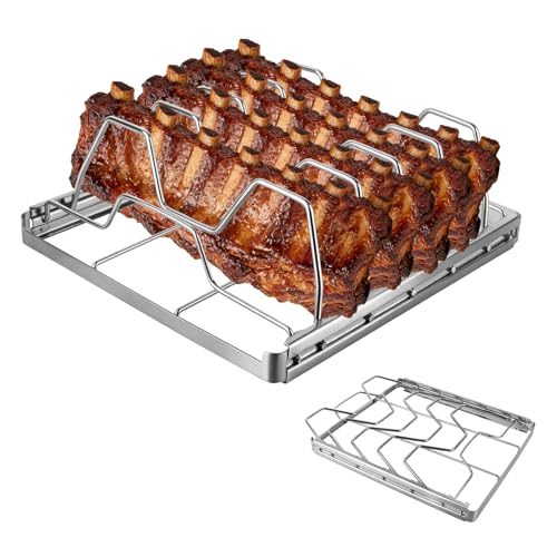 Rib Rack for Smoking and Grilling Smoking-holds Up to 4 Full Racks of Ribs for Standing Rib Roast Stainless Steel Meat Resting Rack for Outdoor Grill Camping Picnics Barbecue Grills and Smokers