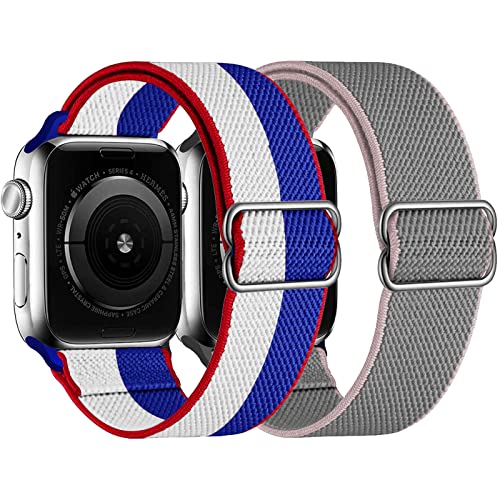 Nylon Stretchy Watch Bands Compatible with Apple Watch Band 38mm 40mm 41mm 42mm 44mm 45mm, Adjustable Leopard Sport Strap Women Men Solo Loop Wristbands for iWatch Series 7 6 5 4 3 2 1 SE, 2 Packs (42/44/45mm, D)