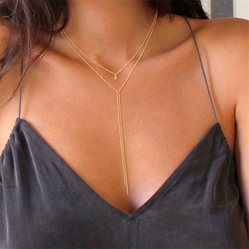 Lariat Long Necklace for Women Dainty Gold Long Necklaces Trendy Y-Shaped Pendant Necklace Layered Beaded Chain Necklaces - Image 2