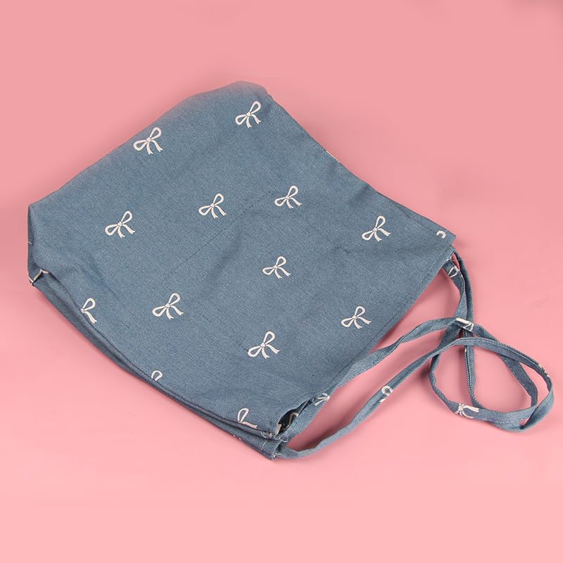 Bolso Tote grande de lona azul con moño blanco miniatura 7