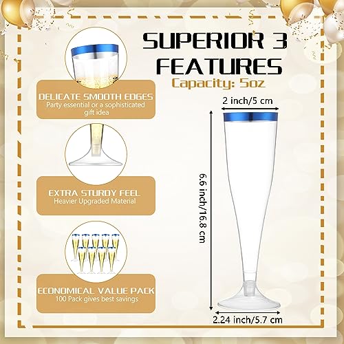 Zubebe 100 Pcs Plastic Champagne Flutes 4.5oz Plastic Classic Champagne Clear for Parties Plastic Cups Wedding Party Toasting Cocktail Cups Bulk Home Toasting Drinking Party (Blue) - Thumbnail 2