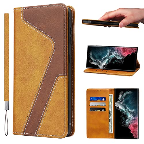 LANJLM Samsung Galaxy S23 Ultra Case with Wrist Strap PU Leather Samsung Wallet Case Card Holder Shockproof Flip Cover - Brown khaki