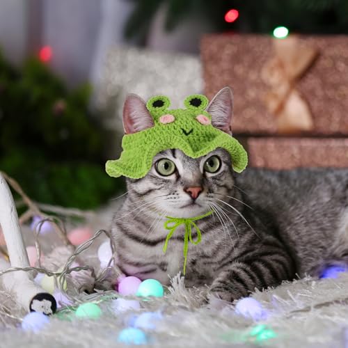 2pcs Frog and Strawberry Cat Hat, Cotton & Soft Cute Knitted Hats for Cats, Christmas Halloween Holiday Party Clothes Birthday Party Puppy Hat for Small Pets