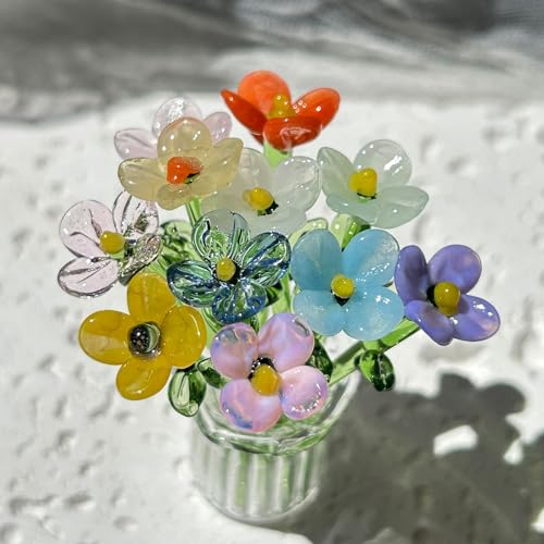 tiecawk 14Pcs Mini Glass Flowers Bouquet Colorful Hand Blown Glass Flower with Vase Artificial Daisy with Stems for Mini Vase Decor Mothers Day Birthday Gift DIY Crafts