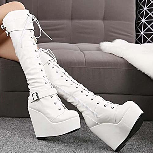 Oyalma 2021 Fashion Design Motorcycle Boots Wedges Zip Super High Heel Knee-High Booties Platform Women Shoes Big Size 35-43 - Black - 8.5 #TOP2