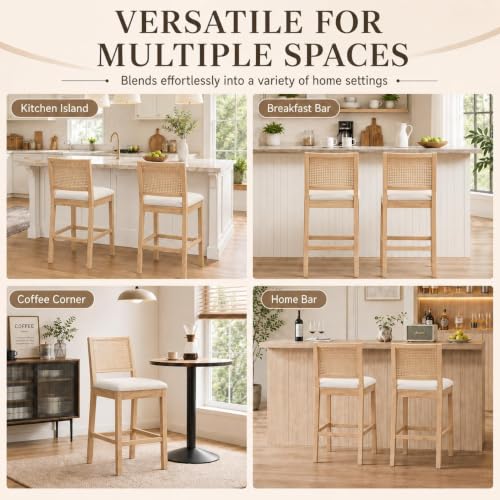 Image of 26'' Rattan Bar Stools Set of 4, Linen Seat,Cream | Cane Back,Rubberwood Frame,Low Maintain Fabric,Tucks Under Counters,for Kitchen Island Home Bar