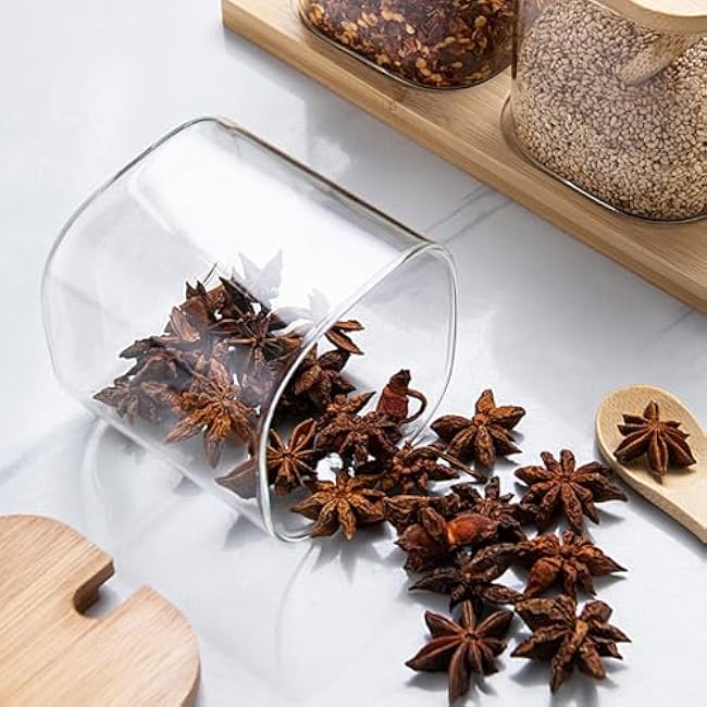 Square Glass Spice Jar Set with Wooden Tray Lids & Spoons