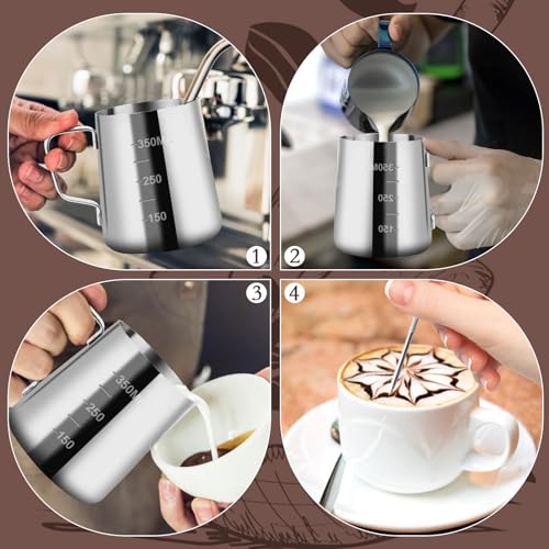 VFANDV 2 Stück Milchkännchen, 350 ml Handheld Edelstahl Aufschäumkännchen, Kaffee Creamer Milch Aufschäumer Kännchen Tasse mit Messung Mark, Milchkännchen Perfekt für Cappuccino Espresso Latte