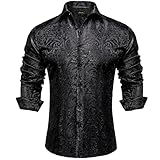 DiBanGu Mens Silk Paisley Dress Shirts,Long Sleeve Button Down Shirt Casual Regular Fit Shirt for Men Wedding Party, Black, Small