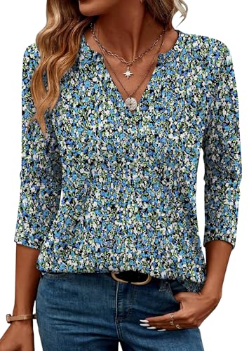 OFEEFAN 3/4 Length Sleeve Womens Tops V Neck Tunic Shirts Loose Curved Hem Blouses Dressy Casual S-3XL2