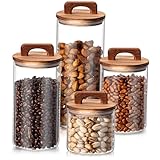 Layhit 4 Pcs Glass Food Storage Jars with Airtight Wood Lid Storage Jars Containers with Stickers Marker for Candy, Cookie, Rice, Sugar, Flour, Pasta, Nuts, 4 Size(Cylindrical)