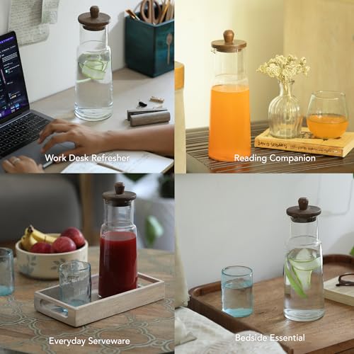 Image of Ellementry Glass Carafe with Wooden Lid - 1L, Clear Glass Pitcher for Hot & Cold Water, Juice, Coffee, Iced Tea, Milk, Cocktail & Wine, Transparent Beverage Server for Dining Table, Kitchen & Parties