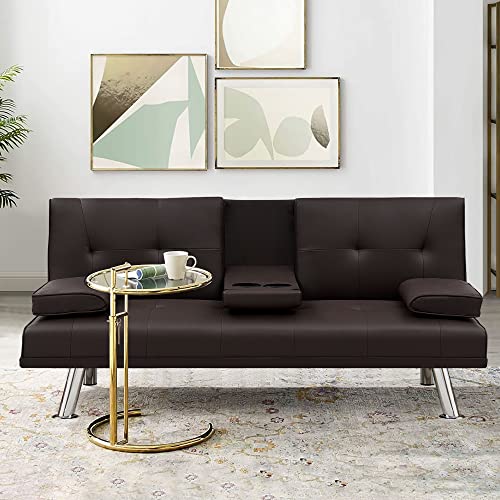 Dklgg Modern Futon Sofa Bed, Faux Leather Upholstered Sofa Couch, Convertible Sleeper Sofa With Removable Armrests 2 Cup Holders Couch Sofa Sleeper For Small Space, Home, Living Room, Apartment #TOP2