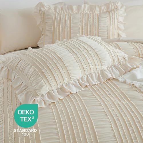 WONGS BEDDING Queen Comforter Set,Beige Cute Ruffle Comforter for Queen Bed, 7 Pieces Bed in a Bag Seersucker Shabby Chic Bedding Set 90"×90" - Image 5