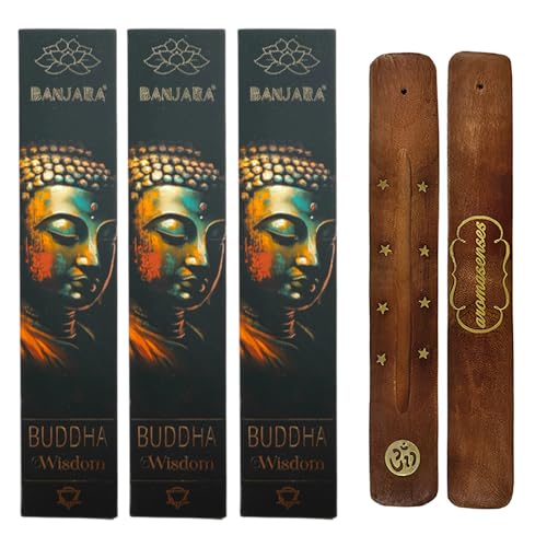 Aromasenses | 3 Cajetillas de Incienso Banjara Buddha Sabiduria + 1 Tablilla Aromasenses | 100% Hecho a Mano | 15 gr x 3 Cajetillas = 45 gr | Armonía | Purificación | Limpieza Espiritual