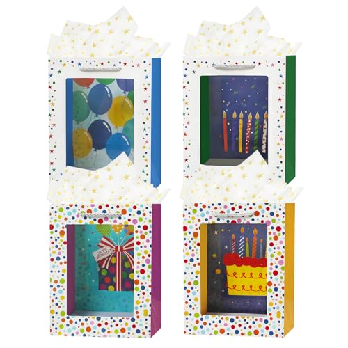 JUNENTER 4個 9インチ Sサイズ ハッピーバースデーギフトバッグ ハンドル付き 女性 男性 子供 赤ちゃん 女の子 男の子 パーティー 透明ウィンドウ ペーパーギフトラップバッグ ティッシュペーパー付き