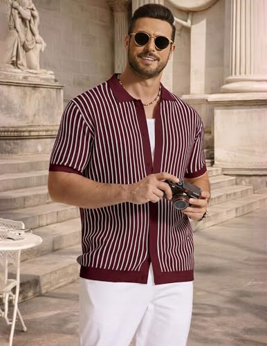 Image of COOFANDY Mens Knit Button Down Shirts Short Sleeve Polo Shirt Vintage Striped Casual Shirts