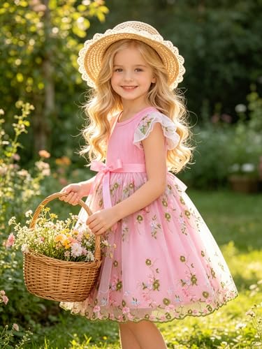 Toddler Dresses Girls Embroidery Tulle Dress Size 5-6 Years Summer Ruffle Sleeveless Mesh Skirt Pink Flower Girl Dresses(Pink 7,6T) — view 2