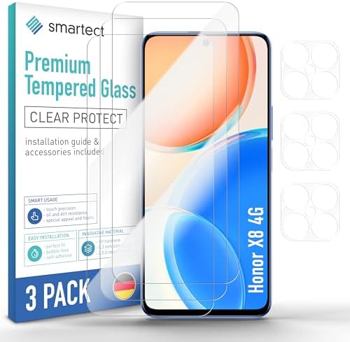 smartect Glass Screen Protector [3 + 3 Pieces, Ultra-Clear] for Honor X8 4G, Display + Camera, HD Protective Film Anti Scratch, Bubble Free, 9H Hardness, Ultra Resistant