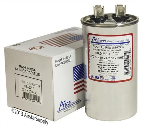 50 uf/Mfd Round Universal Capacitor • Trane Replacement USA2217 - Used for 370 or 440 VAC, Made in The U.S.A.