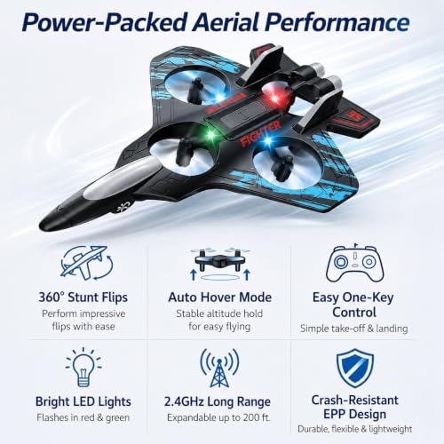 Image of Remote Control Fighter Jet RC Airplane for Kids & Adults, Dual Battery Flying Plane Toy with LED Lights, 360 Flip & Stunt Roll, 2.4GHz RC Aircraft, Easy Fly Glider for Boys, Girls & Beginners