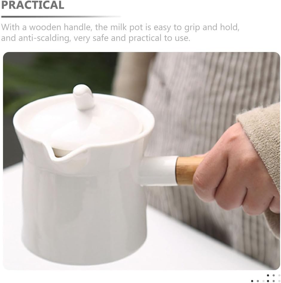 Ciieeo Enamel Milk Pot 350ml Mini Butter Warmer Non-stick Milk Heating Pot Small Enamelware Saucepan with Wood Handle and Lid for Heating Liquid Portions White