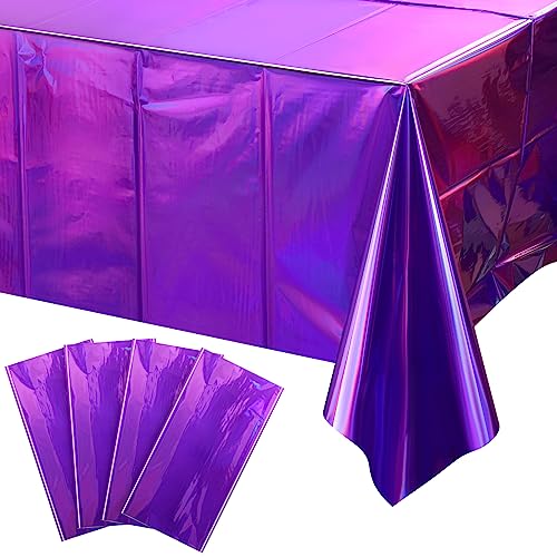 FunnyPars 4 Pack Iridescent Purple Plastic Tablecloths, Shiny Disposable Laser Rectangle Table Covers, Foil Tablecloth Iridescent Party Decorations for Kpop Birthday Bridal Wedding Decor, 54x108 Inch