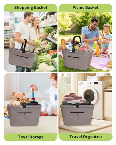 35L Einkaufskorb Faltbar mit 2 Stützstangen, Stabiler Einkaufstasche Familie mit Aluminium Griff wasserabweisendes Picknickkorb Praktischer Tragekorb Groß für Reisen Camping Einkaufen Geschenk - Khaki