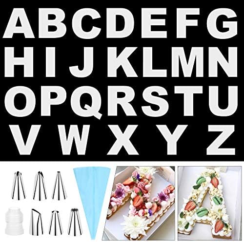 SelfTek 26 Pcs 10 Inch A-Z Alphabet Cake Stencils Letter Cake Templates Molds DIY Baking Mould with 6 Pcs Icing Tips Switch Nozzle and Pastry Bags for Wedding Birthday Anniversary