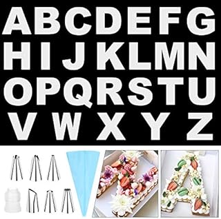 SelfTek 26 Pcs 10 Inch A-Z Alphabet Cake Stencils Letter Cake Templates Molds DIY Baking Mould with 6 Pcs Icing Tips Switch Nozzle and Pastry Bags for Wedding Birthday Anniversary