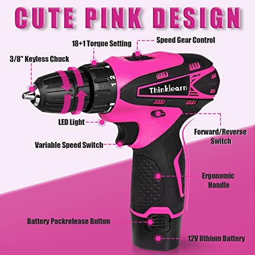 ThinkLearn Pink Drill Set for Women, 137 Piece Hand and Power Tool Set with 12V Cordless Drill, Home Tool Kit for DIY, Necessities for Daily Decoration and Maintenance, As a Creative Gift for Ladies - Thumbnail 2