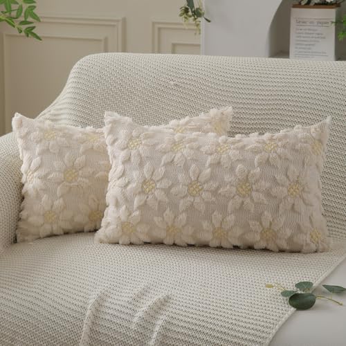 Image of DFXSZ Spring Summer Pillow Covers 12x20 inch Set of 2 Beige Sunflower | Farmhouse Decor Soft Plush Faux Fur Jacquard Throw Pillow Covers|For Spring Holiday Sofa Home Decor