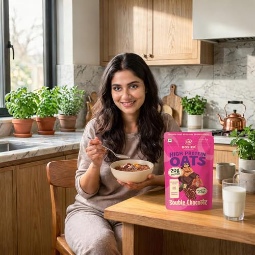 Image of ROSIER High Protein Oats Double Chocolate | 20g Protein Per Serving | Instant Healthy Breakfast with Cocoa & Dark Chocolate | Fibre-Rich Oats | 6 x 77g Ready-to-Eat Pouches