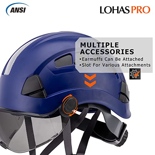 Lohaspro Hard Hats Construction Safety Helmet With Visor Ansi Z89.1 Approved Osha Hardhat, Vented Men Work Hard Hat With Chin Strap Tree Climbing Arborist Helmet (P5 Blue+Smoked Visor) #TOP3