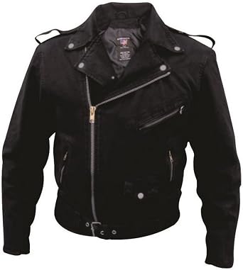 Mens AL2954 Black Denim Mens Motorcycle Jacket with Zippered Pockets and Silver Hardware