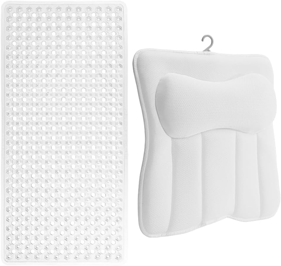 GORILLA GRIP Patented Bath Tub Shower Mat and Mesh Bath Pillow for Tub, Mat Size 35x16 Clear, Machine Washable, Pillow Size 16.5 x 16.1 White, Back Support, 2 Item Bundle
