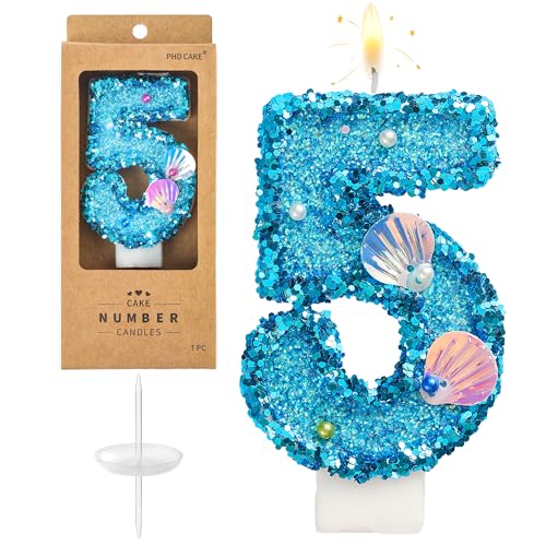 PHD CAKE Number 5 Mermaid Glitter Birthday Candles, Mermaid Themed Number Candles, Cake Number Candles, Party Celebration