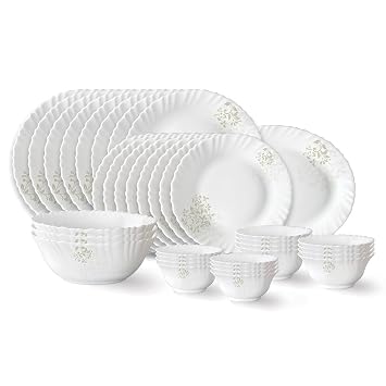 Larah by Borosil Ingot Fluted Series Opalware Dinner Set | 36 Pieces for Family of 8 | Microwave & Dishwasher Safe | Bone-Ash Free | Crockery Set for Dining & Gifting | Plates & Bowls | White