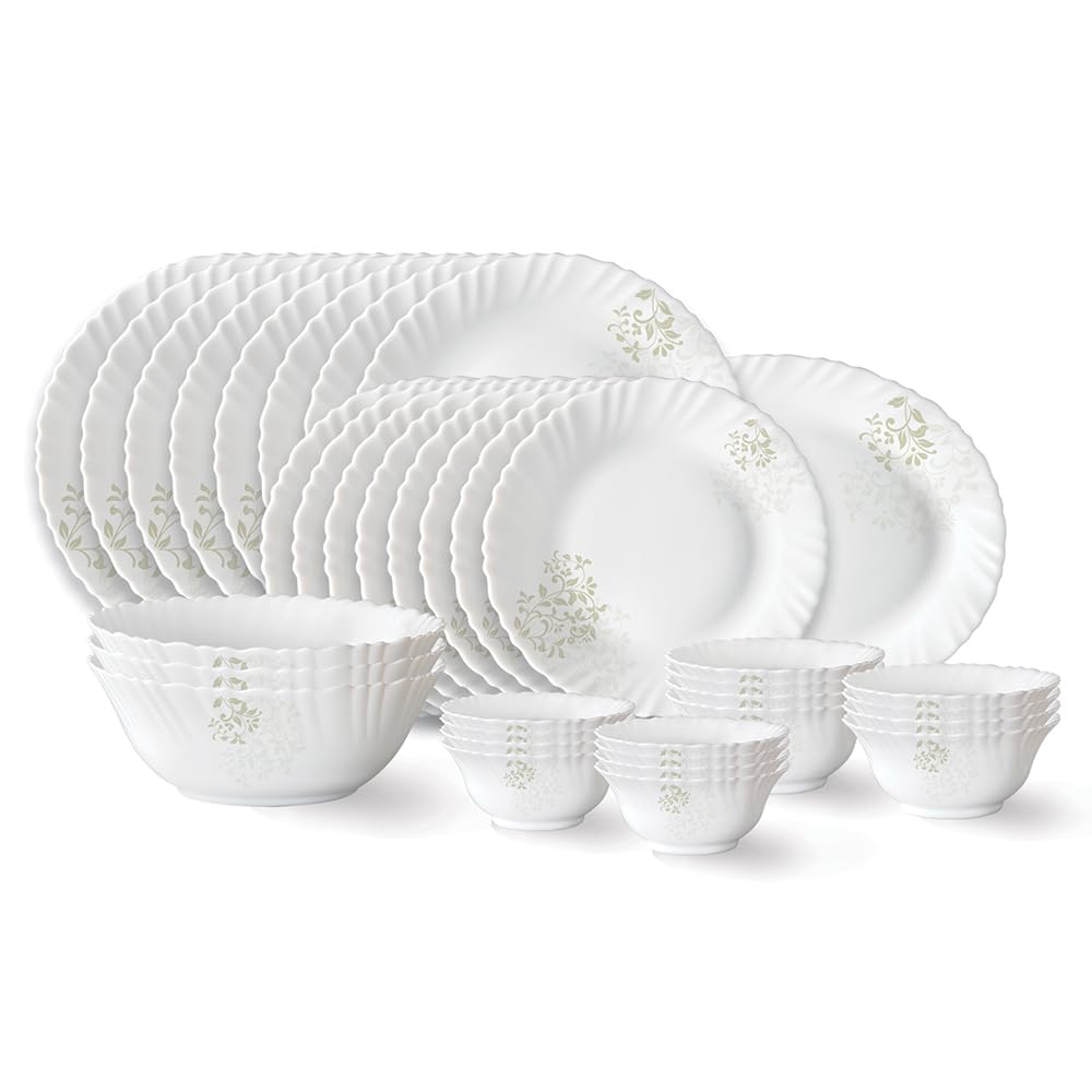 Larah by Borosil Ingot Fluted Opalware Dinner Set, 36 Pieces for Family of 8, Microwave and Dishwasher Safe