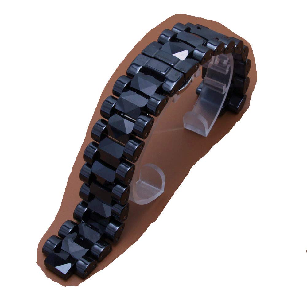 Men Size 19mm Lug 10mm New Black Ceramic Watch Band Strap Bracelet Silver Deployment Steel Clasp for Diamond Watch (19mm Lug 10mm)