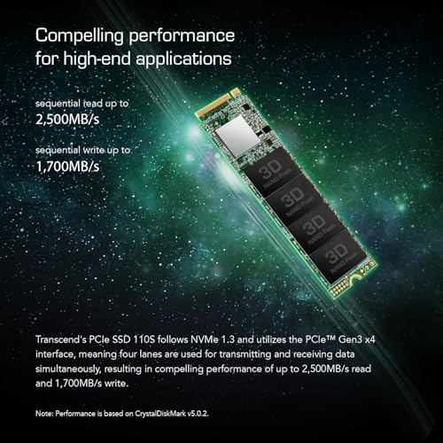 Image of Transcend MTE110 1TB M.2 2280 SSD, Up to 1,700 MB /s, Compatible w /Ultrabook /Laptop /PC /Desktop, PCIe NVMe Gen3x4 SSD, 3D TLC NAND Flash Internal Solid State Drive, LDPC Error Correction ECC, SLC Cache
