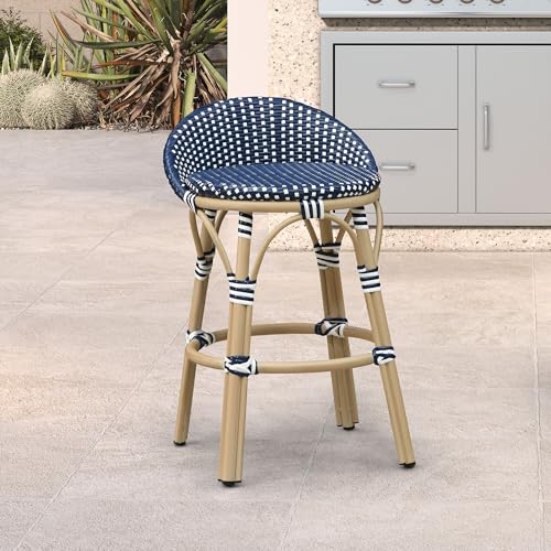 Image of PURPLE LEAF Patio Oversized Backrest Counter Height Stool Set of 1 Outdoor Round Barstools Aluminum Frame in Champagne Finish Woven Rattan for Indoor Kitchen Dining Bistros Cafe Restaurant Navy Blue
