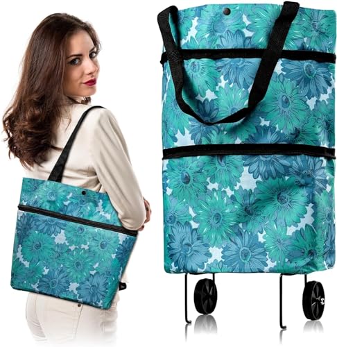 MEIYAXINWIN Chariot De Courses Pliable, Chariot 2 en 1 RéUtilisable, Sacs De Courses Pliable avec roulettes pour Le Shopping à Domicile Supermarché