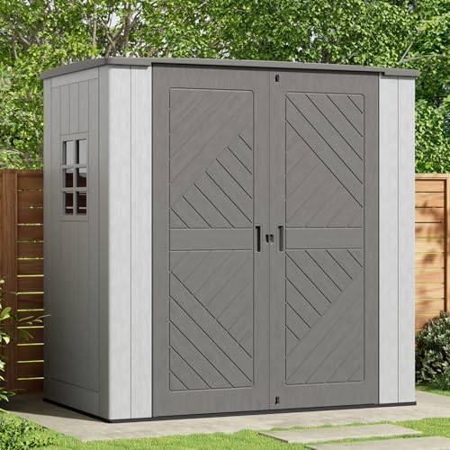 Image of KINYING 6x4 FT Vertical Outdoor Storage Shed,Resin Clearance Outdoor Sheds with Floor,Garden Tool Shed for Lawn Mower /Bike Storage /Trash Cans /Pool Supplies,Lockable