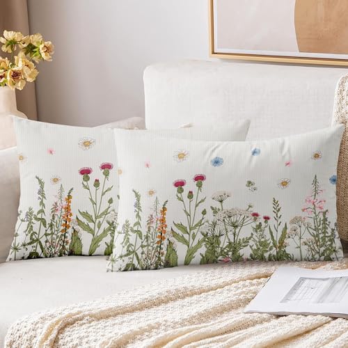 XPHZZL Cushion Covers Set of 2 Pack 30 x 50 cm - Soft Colored Wildflowers Pattern Decorative Rectangle Cushion Covers for Sofa Bed Garden Outdoor Spring Decor with Invisible Zipper 12 x 20 Inch
