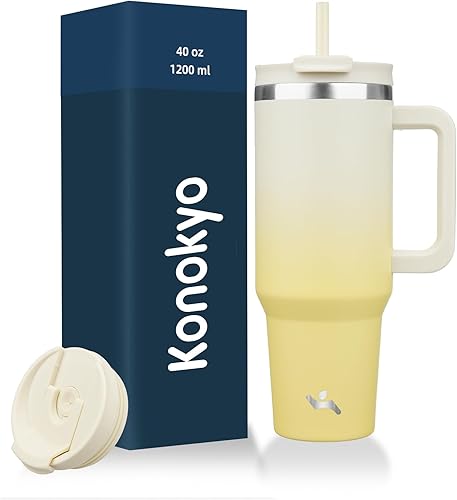 Vaso de 40 fl oz con asa y 2 popotes, con tapa 2 en 1, botella de agua con aislamiento de acero inoxidable, taza de café y para viaje, color limón