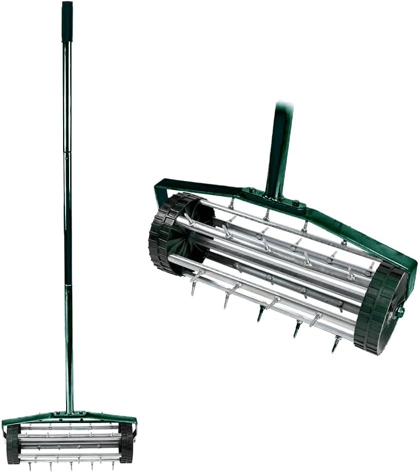 Yeeoy 18 Inch Manual Heavy Duty Lawn Aerator with Anti-Slip Handle, Tine Spikes, Garden Yard Rotary Push Tine Spike Soil Aeration, Black, Steel, Polypropylene