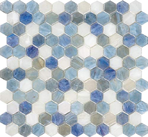Glass Hexagon 1 sq ft/piece Pack of 1, 4 x 5 Light Blue White Hexagon Glass Matte Mosaic Sample Tiles- Wall Backsplash for Bathroom Showers & Kitchen