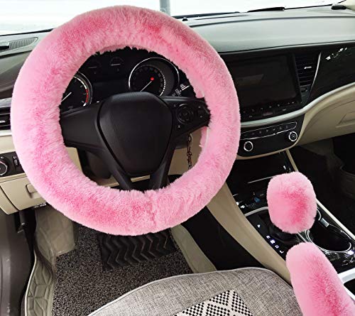 IXITON Universal Épaississement Faux Fourrure Hiver Chaud Fluffy Furry Fuzzy Housses de Volant de Voiture+Couvercles de Changement de Vitesse+Couvre Frein à main-3pcs/set (Pink)